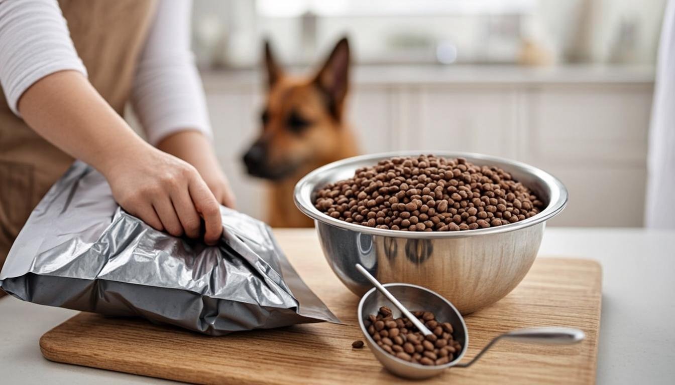 Best Dog Food for German Shepherds: 7 Vet-Informed Picks (2026) 1 Best dog food for German Shepherds 2026: reading a kibble bag label with a metal measuring cup in a bright kitchen