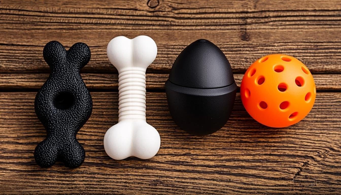 Best chew toys for German Shepherds 2026: unbranded durable rubber and nylon chew toys laid out on a wooden porch floor