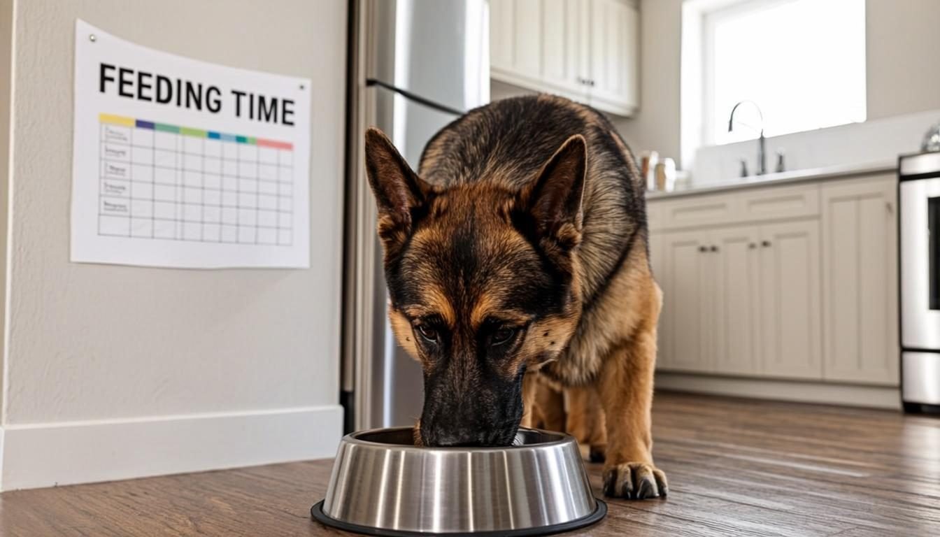 German Shepherd puppy eating from a bowl, illustrating the German Shepherd Feeding & Nutrition Guide for young dogs