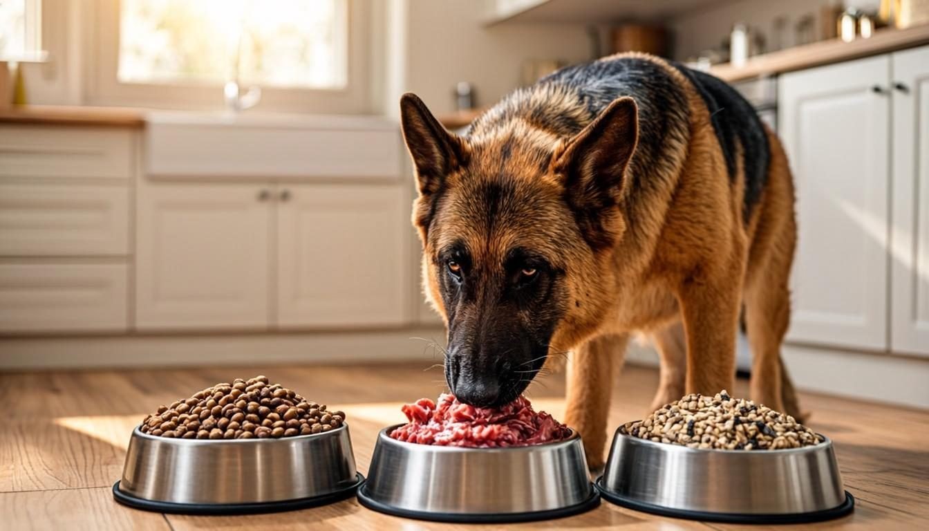 Adult German Shepherd eating from a metal bowl, a common sight for the German Shepherd Feeding & Nutrition Guide