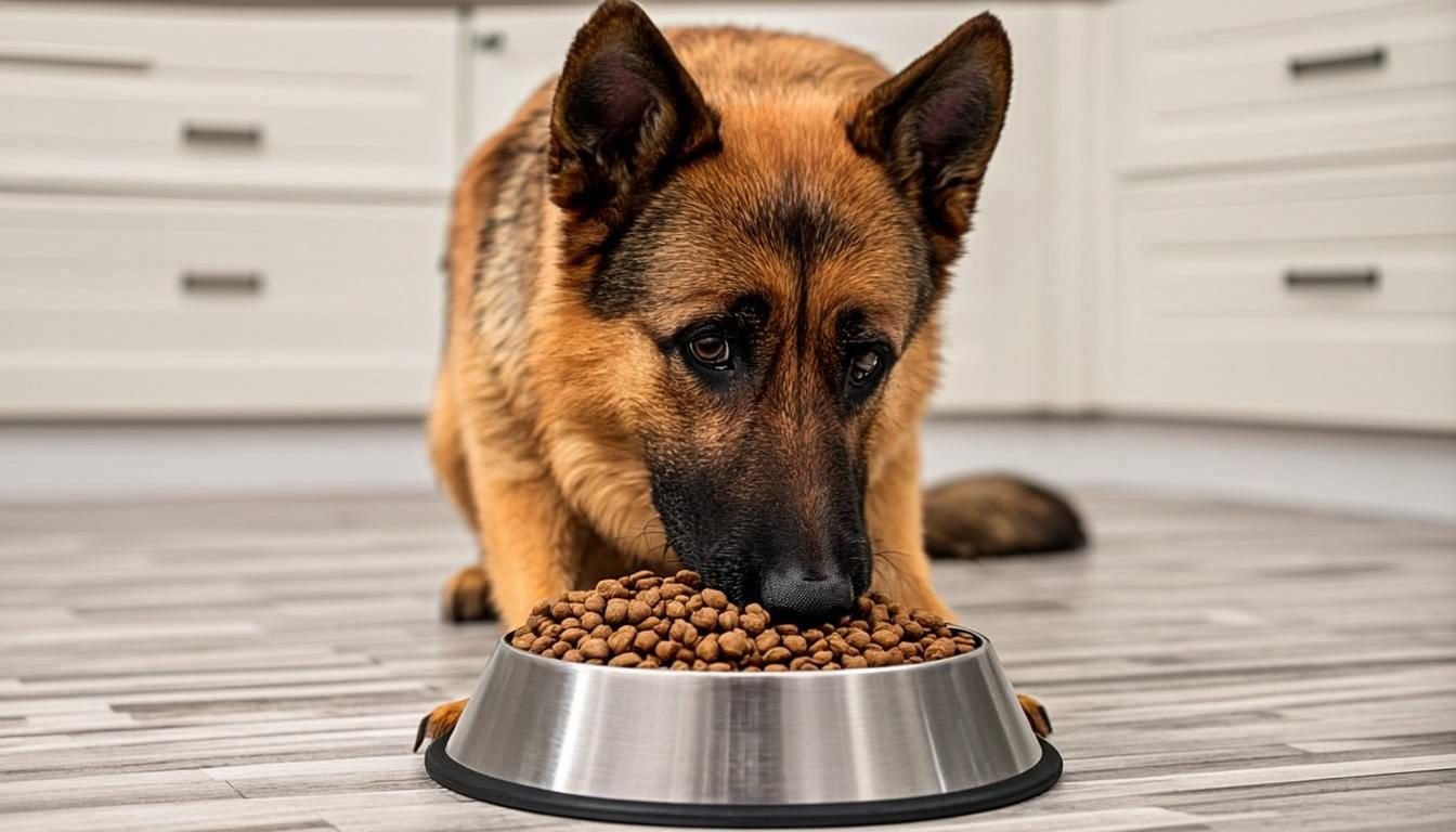 German Shepherd eating kibble from a stainless steel bowl