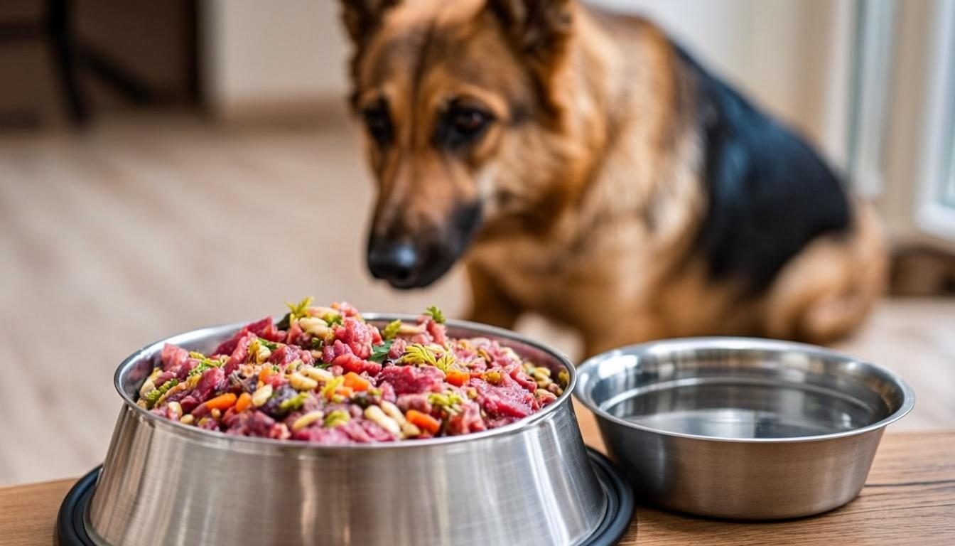 Fresh dog food bowl with meat and vegetables for a German Shepherd