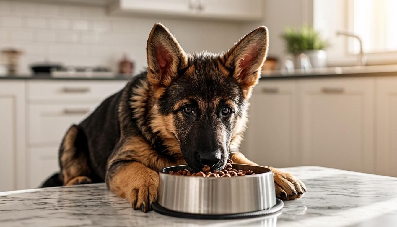German Shepherd puppy eating from a bowl in the kitchen