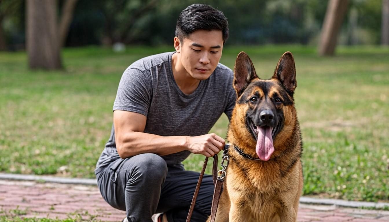 german shepherd challenges - owner training a strong-willed German Shepherd on leash