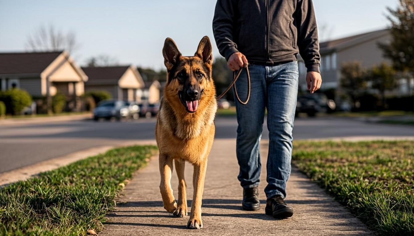 German Shepherd Dog Training Techniques: The Effective 2026 Guide 5 German Shepherd practicing loose leash walking beside its owner on a quiet sidewalk