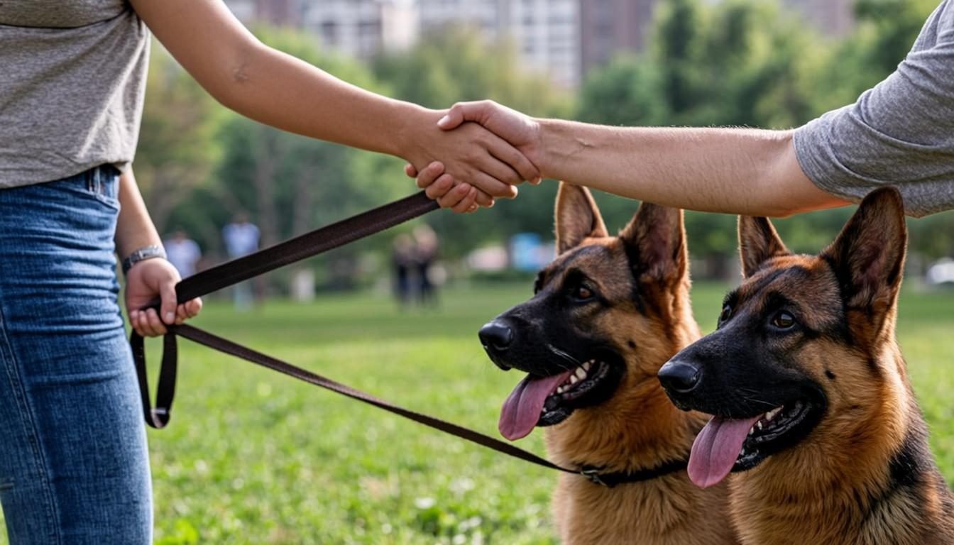 german shepherd dog walker near me - owner handing leashes to professional dog walker in city park