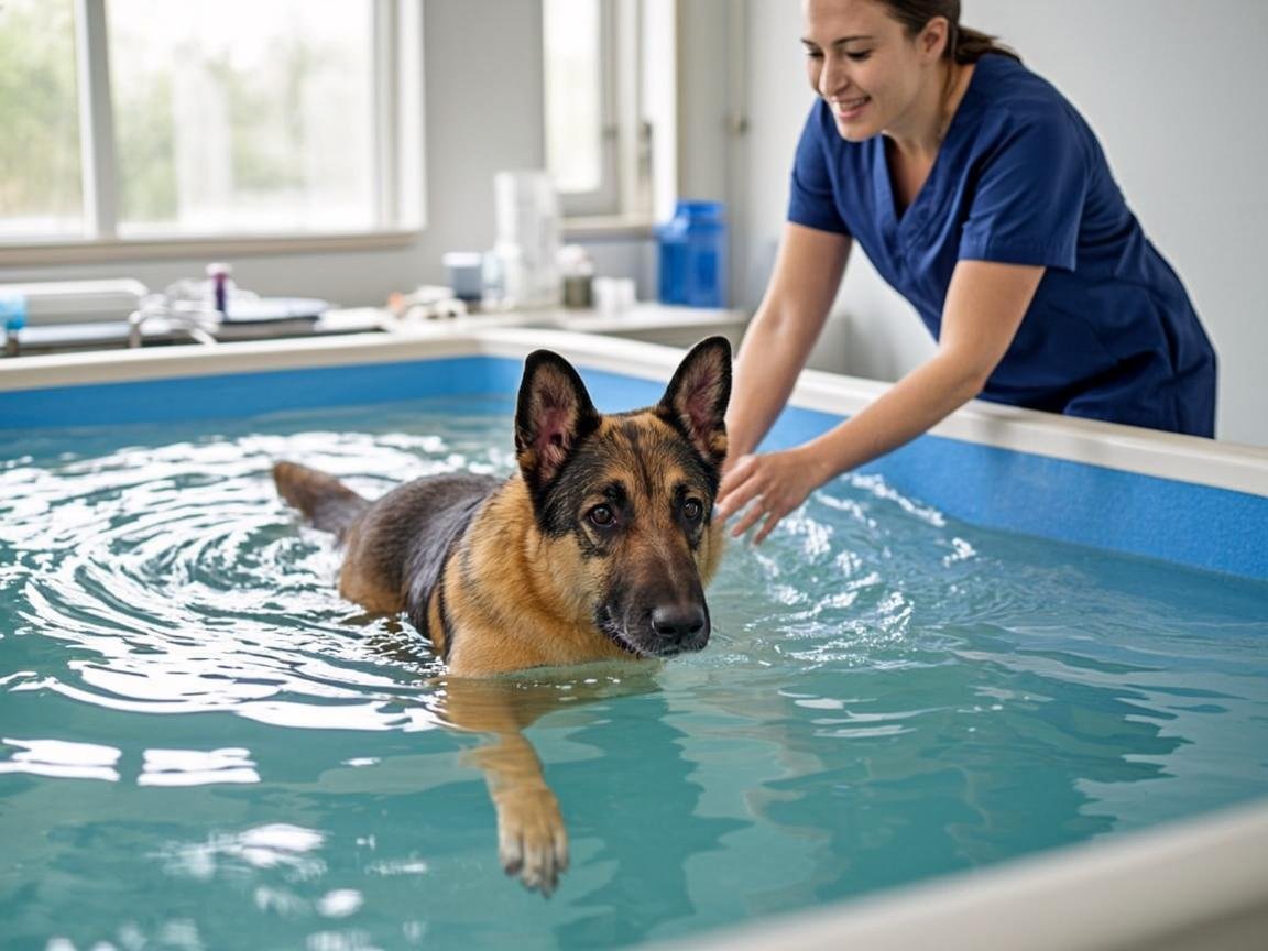 German Shepherd Hip Dysplasia: 7 Proven Signs, Costs & Care 2 German Shepherd hip dysplasia hydrotherapy: swimming exercise for joint support and muscle building