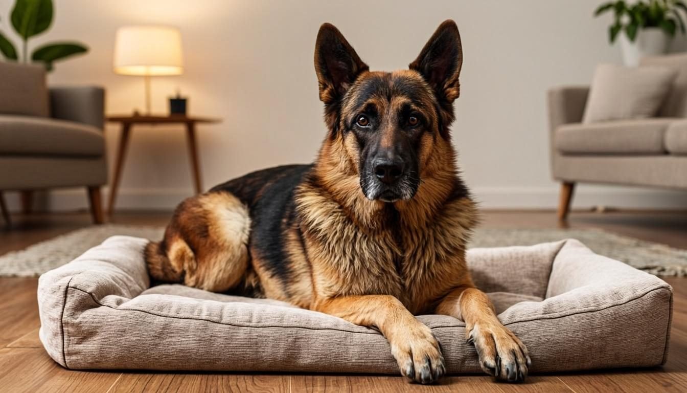is a german shepherd a good house dog - German Shepherd resting calmly on a dog bed in a living room