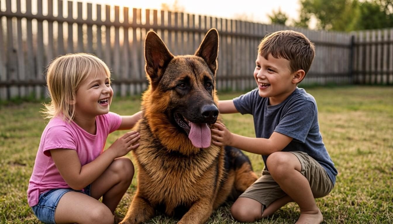 is a german shepherd a good house dog - German Shepherd playing gently with children in a fenced backyard