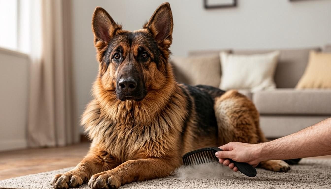 is a german shepherd a good house dog - owner brushing a German Shepherd double coat at home