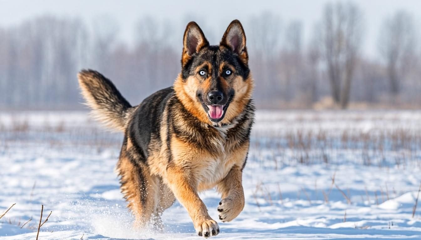German Shepherd Husky Mix Dogs: Best Traits and Care (2026) 3 German Shepherd Husky Mix Dogs - Shepsky running joyfully in snowy meadow