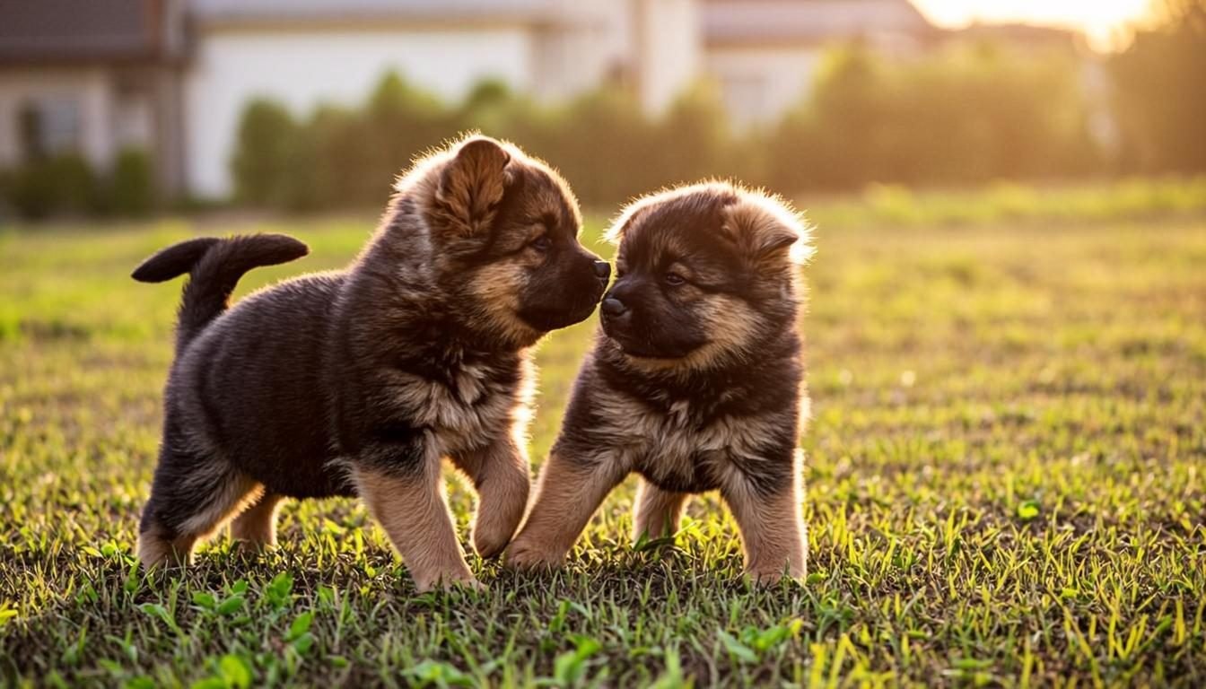 German Shepherd Puppies - two fluffy puppies playing on a green lawn