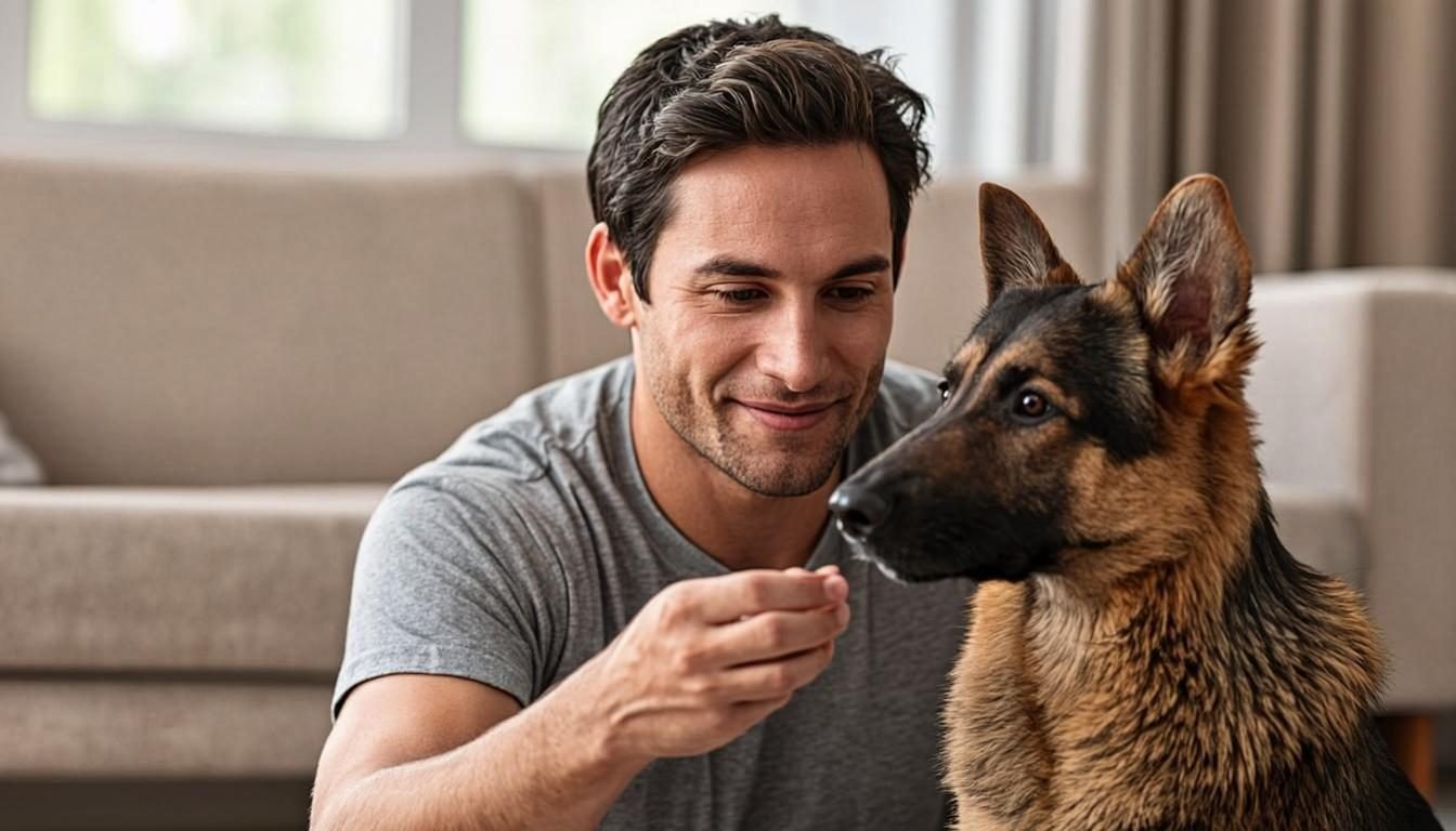 German Shepherd Puppies - owner training a young puppy to sit with a treat reward