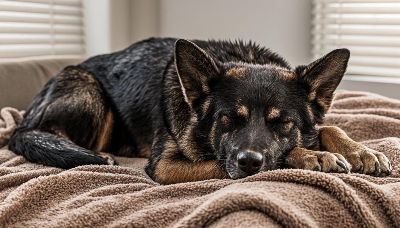 German Shepherd Puppies - puppy sleeping curled in a cozy crate with a blanket