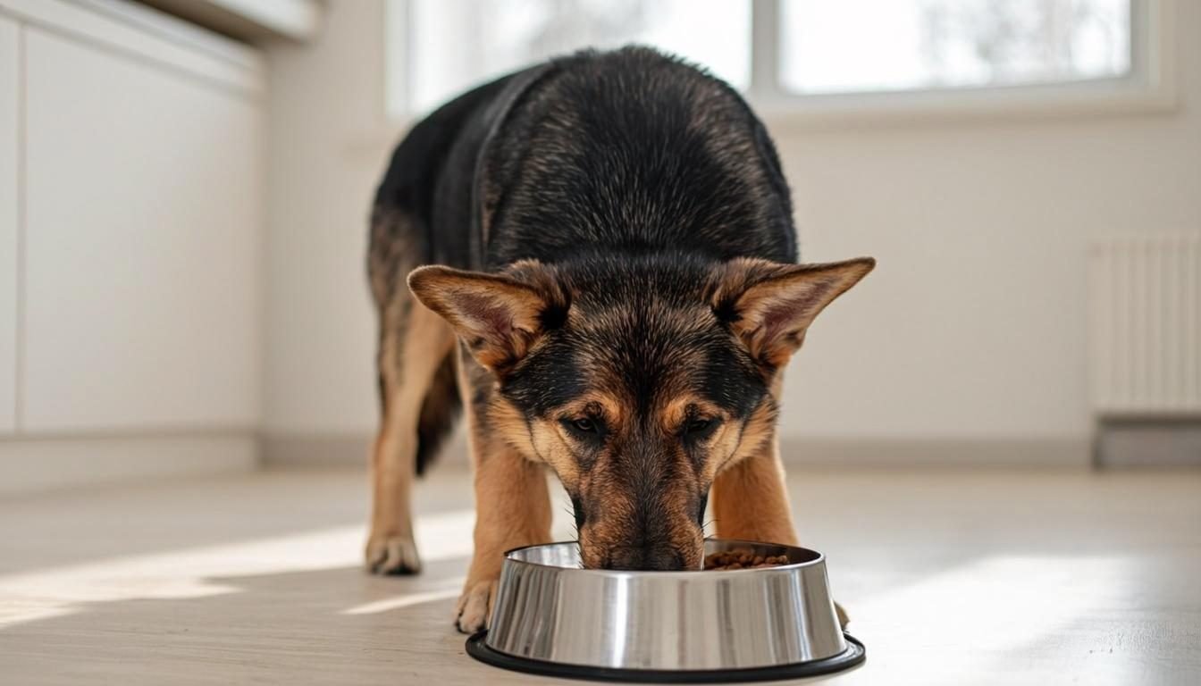 german shepherd puppy nutrition - German Shepherd puppy eating kibble from a stainless steel bowl