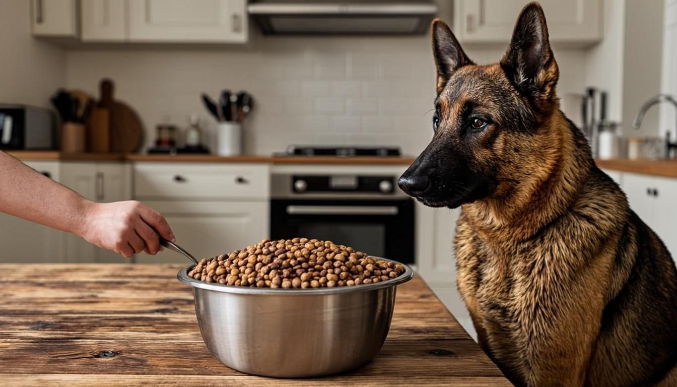 german shepherd puppy nutrition - owner measuring large breed puppy food with a scoop