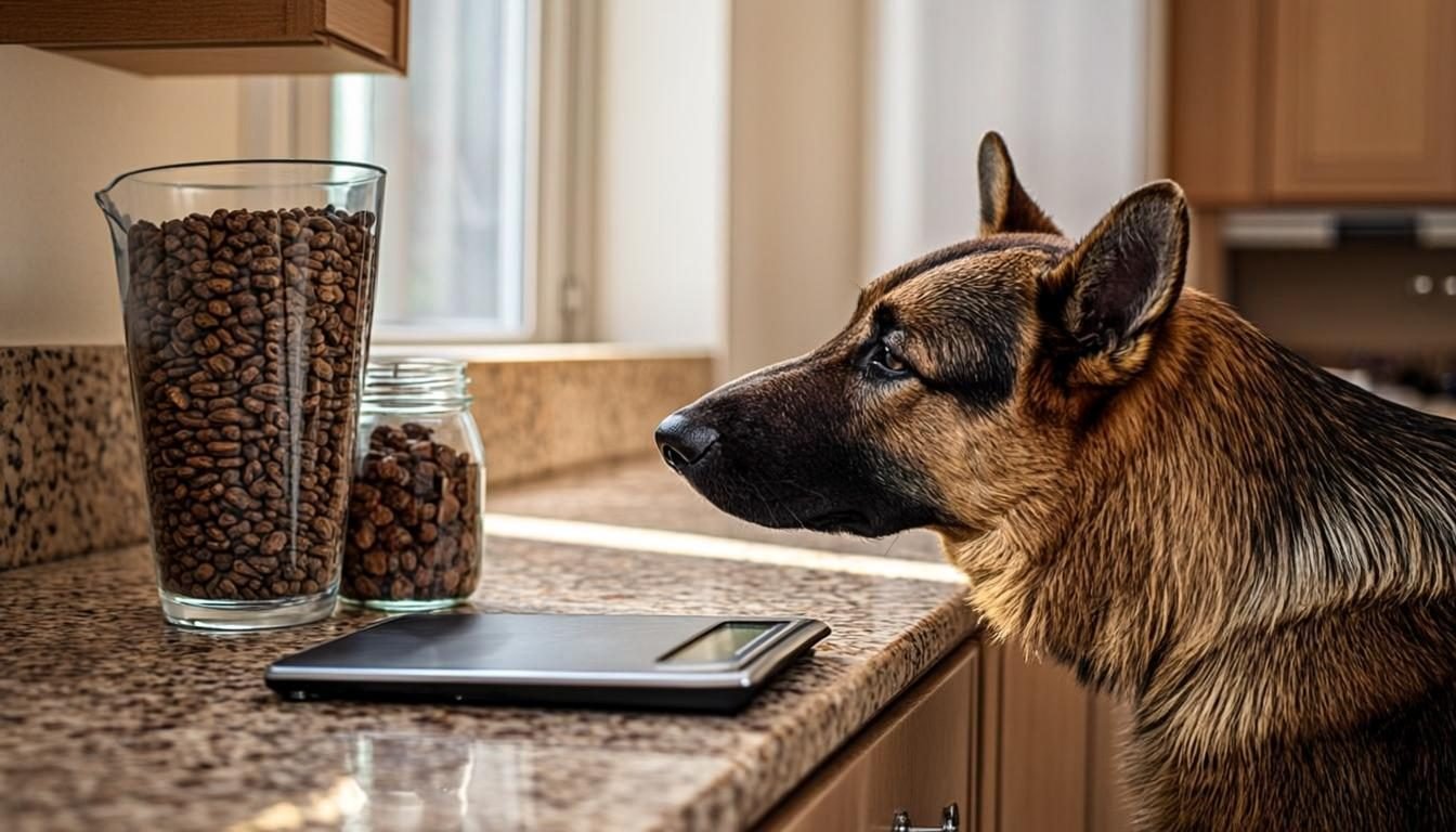 Measuring German Shepherd treats and calorie budgeting portions with a cup and a kitchen scale