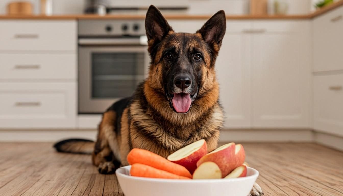 Carrot and apple pieces prepared as low-calorie dog treats next to a German Shepherd