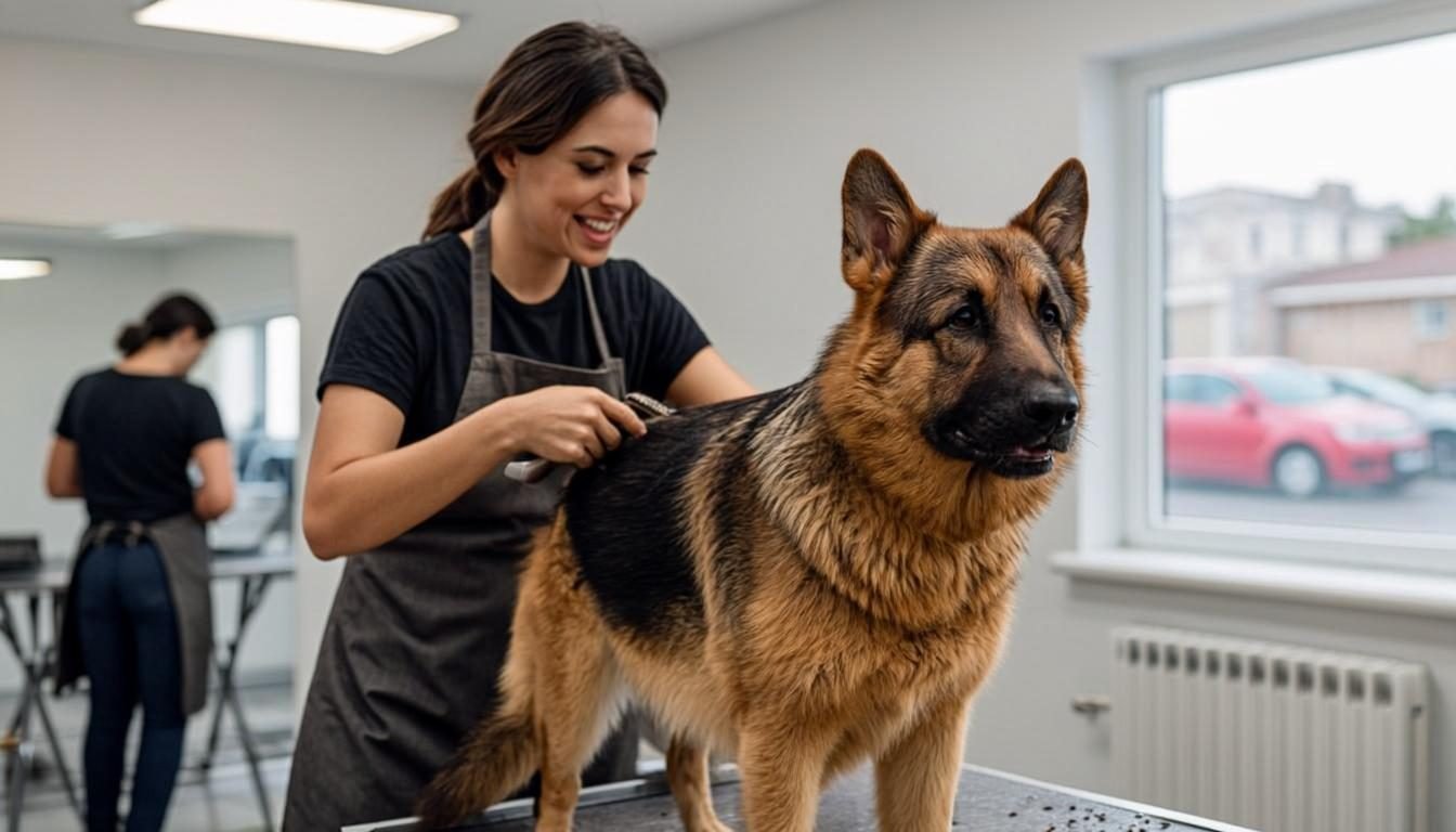 Choosing a Professional Groomer for a German Shepherd: Questions to Ask 1 Professional groomer for a German Shepherd brushing the thick double coat on a grooming table