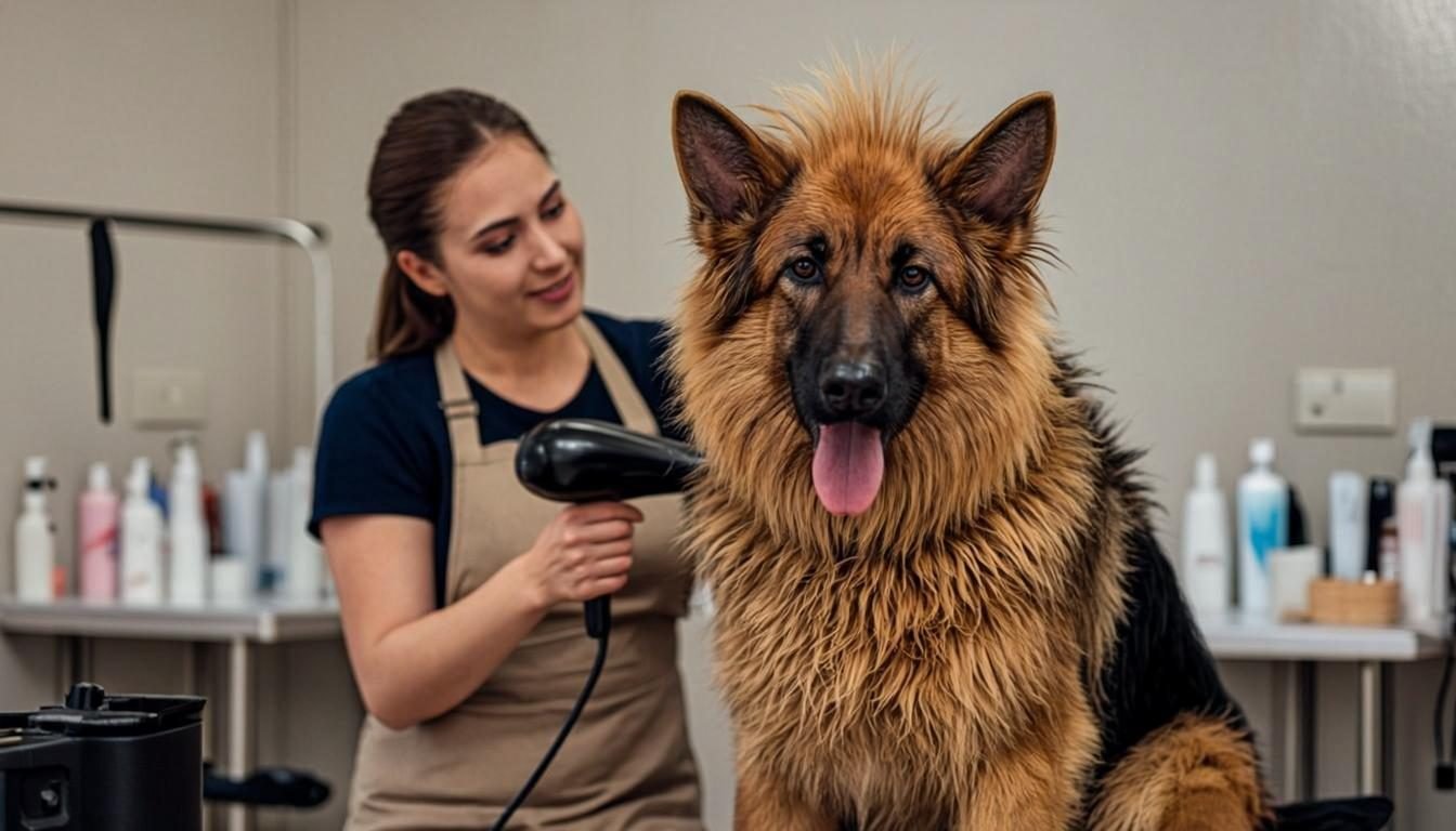 Choosing a Professional Groomer for a German Shepherd: Questions to Ask 3 Calm German Shepherd being dried with a blower dryer during professional grooming