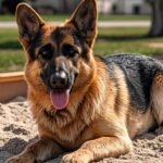 german shepherd digging in a bordered backyard dig pit