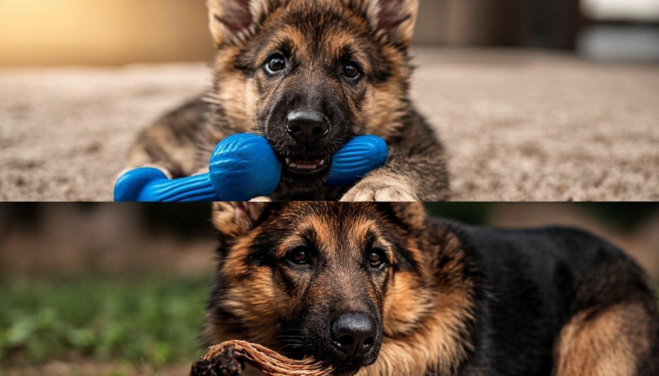german shepherd chewing a teething toy as a puppy