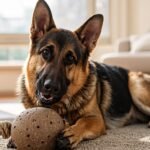german shepherd chewing a durable rubber toy in the living room