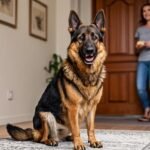 german shepherd jumping replaced by calm sitting at the front door