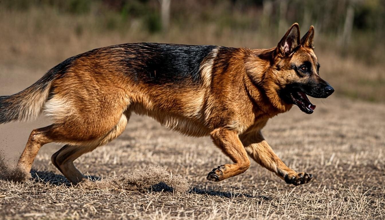 german shepherd chasing management with reflective vest on a walk