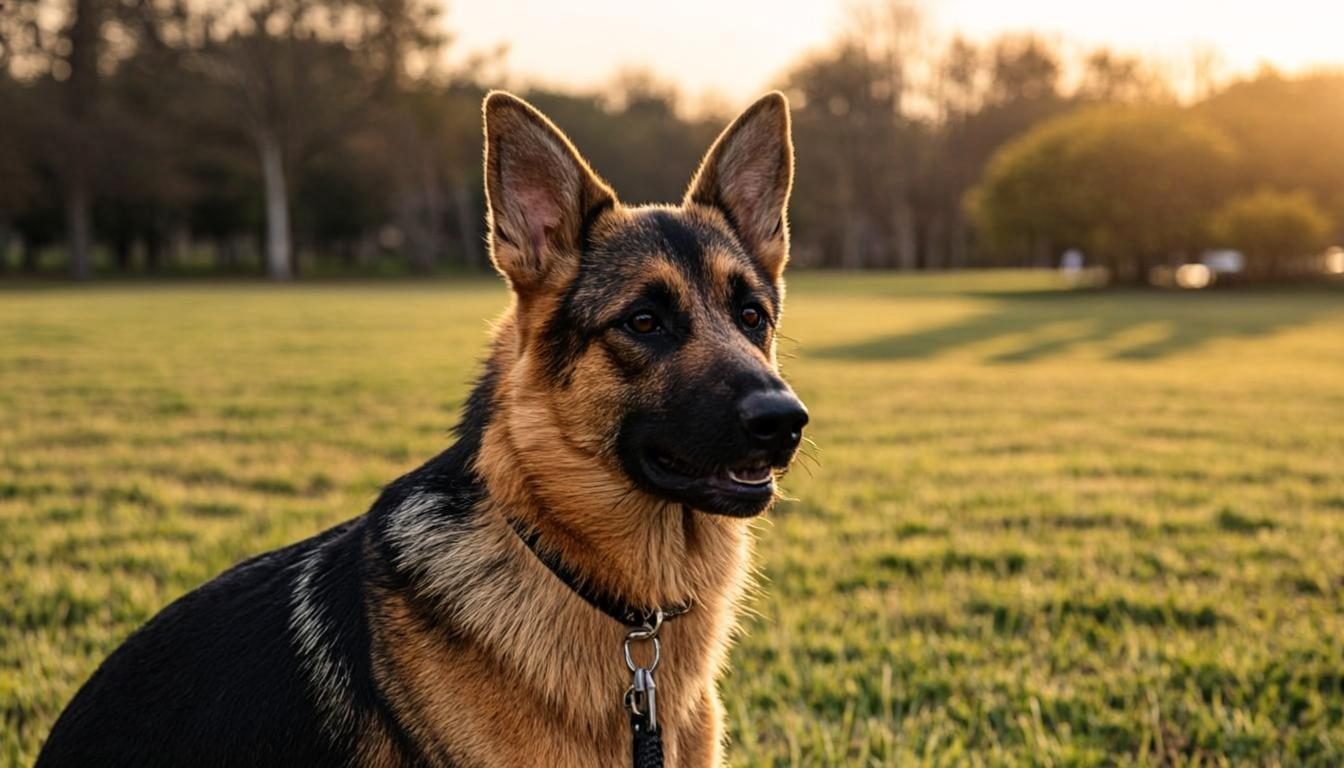 German Shepherd focused on its owner during a leash training session