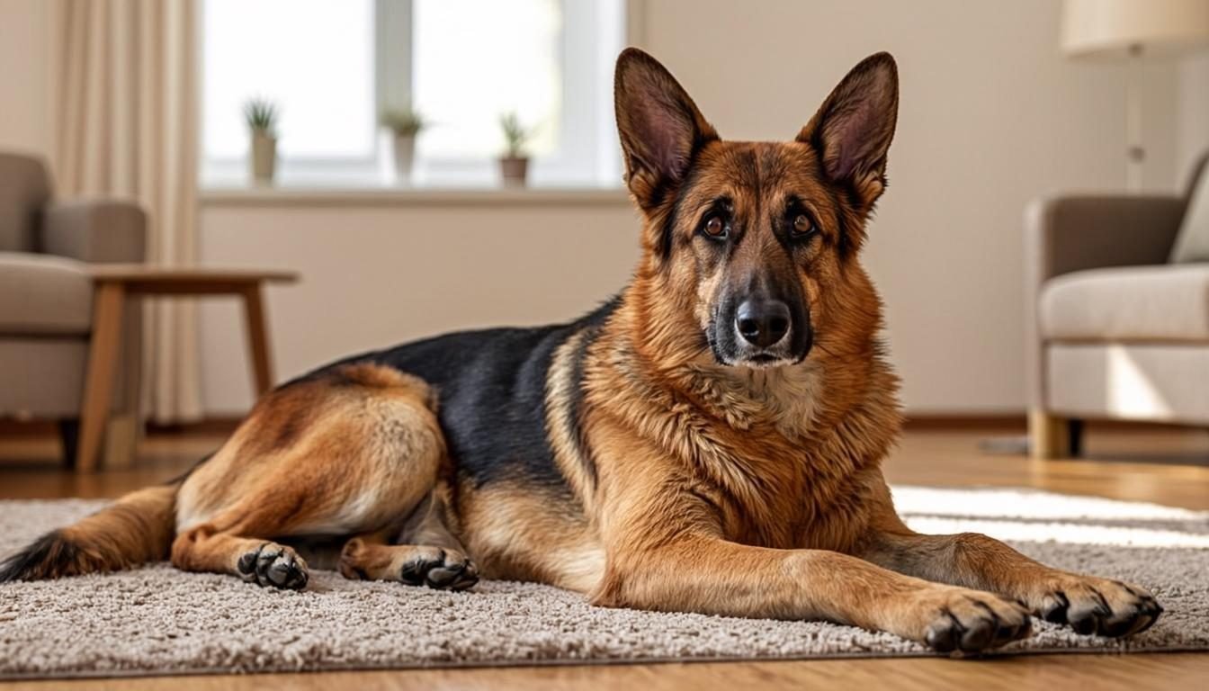 Calm German Shepherd settling on a mat after a structured training session