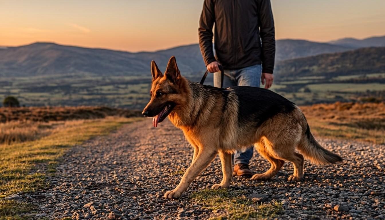 Life Before and After Having a German Shepherd Puppy: 8 Great Changes (2026) 6 Life Before and After Having a German Shepherd Puppy - adult German Shepherd hiking with its owner at sunset