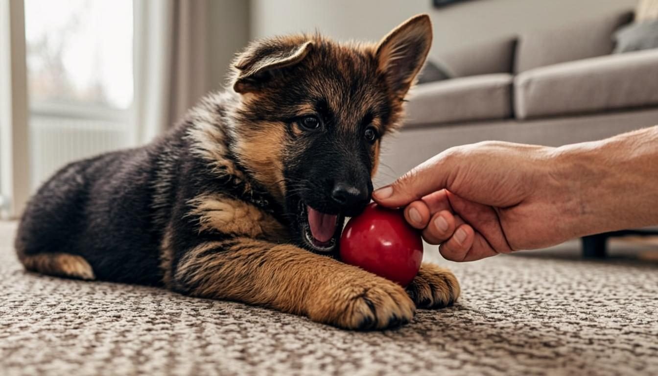 German Shepherd Puppy Biting: 7 Best Steps to Stop It Fast (2026) 5 German Shepherd Puppy Biting - puppy redirected to a red chew toy instead of fingers