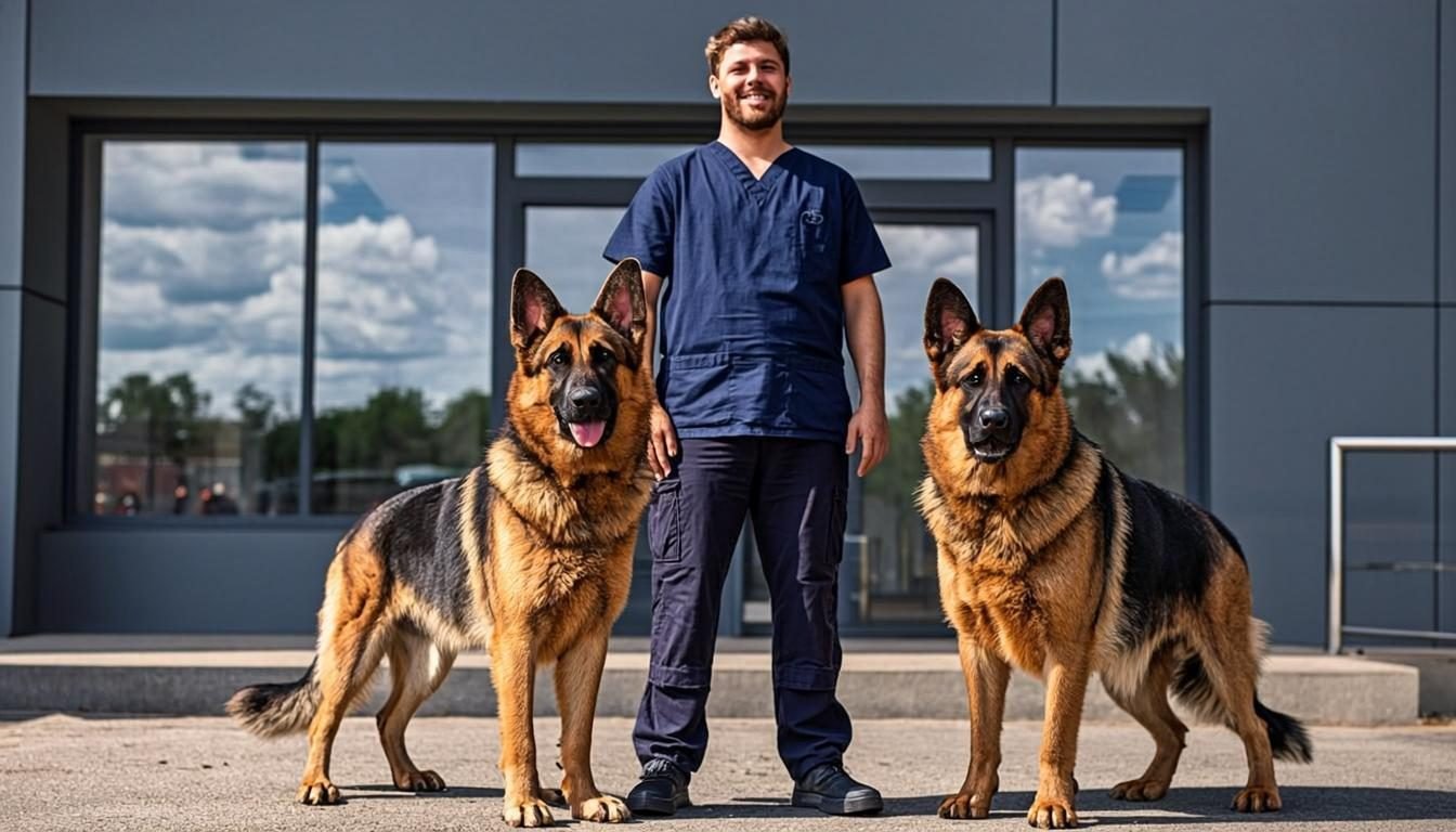 German Shepherd breeders near me - breeder with two adult dogs at a clean kennel