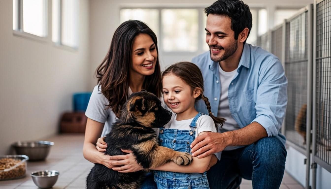 Purchase a German Shepherd puppy - family meeting a puppy at the breeder