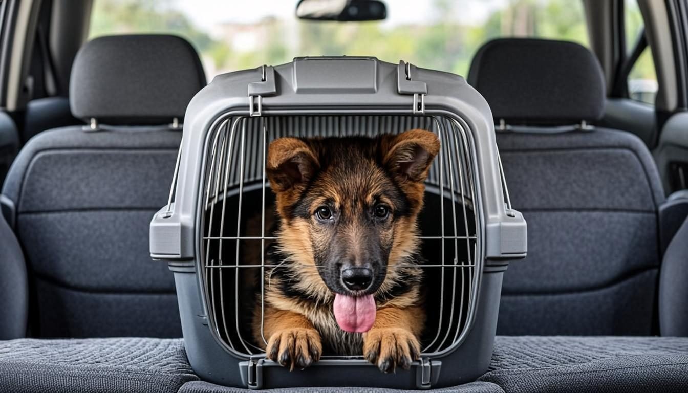 German Shepherd puppy - safely secured in a car for the trip home