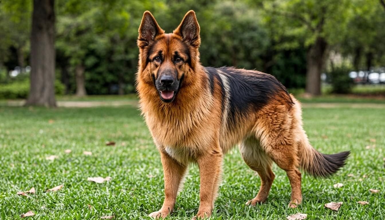 German Shepherd Golden Retriever Mix adult dog standing on grass with golden sable coat