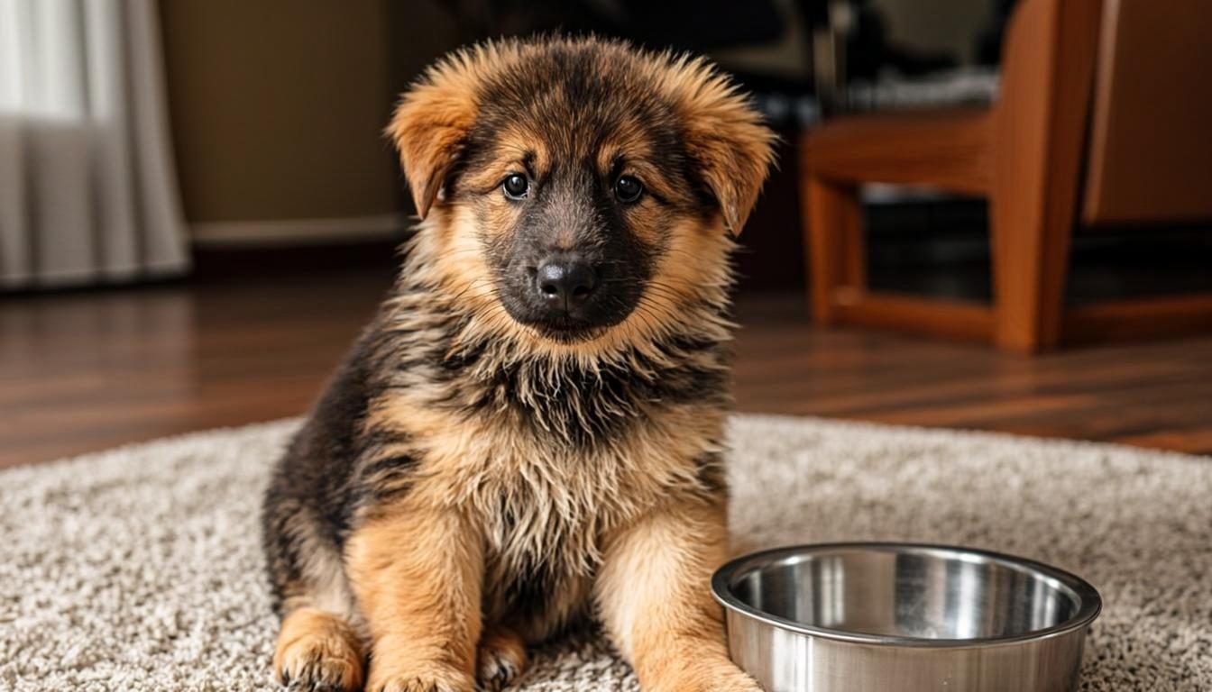 German Shepherd Golden Retriever Mix puppy sitting beside its bowl at home