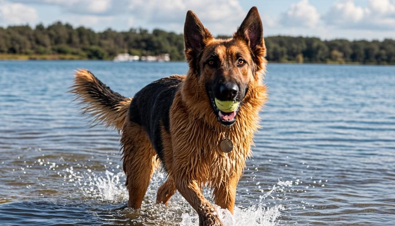 German Shepherd Golden Retriever Mix dog fetching a ball from a lake