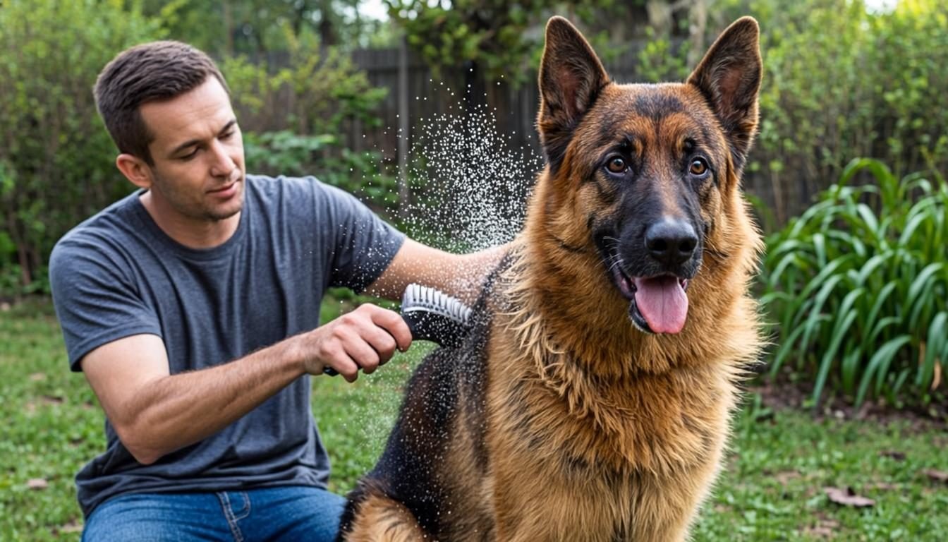 German Shepherd Grooming - undercoat rake working through the thick double coat