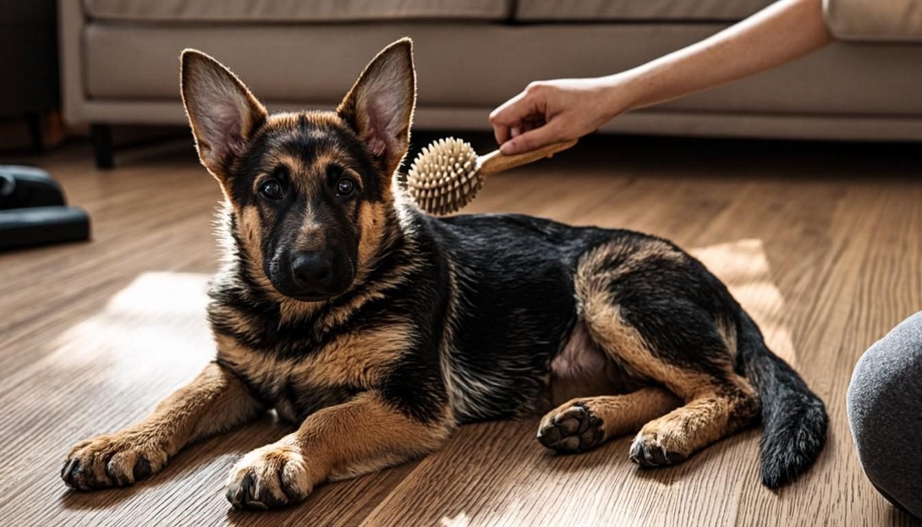 German Shepherd Grooming - puppy brushed gently on the living room floor