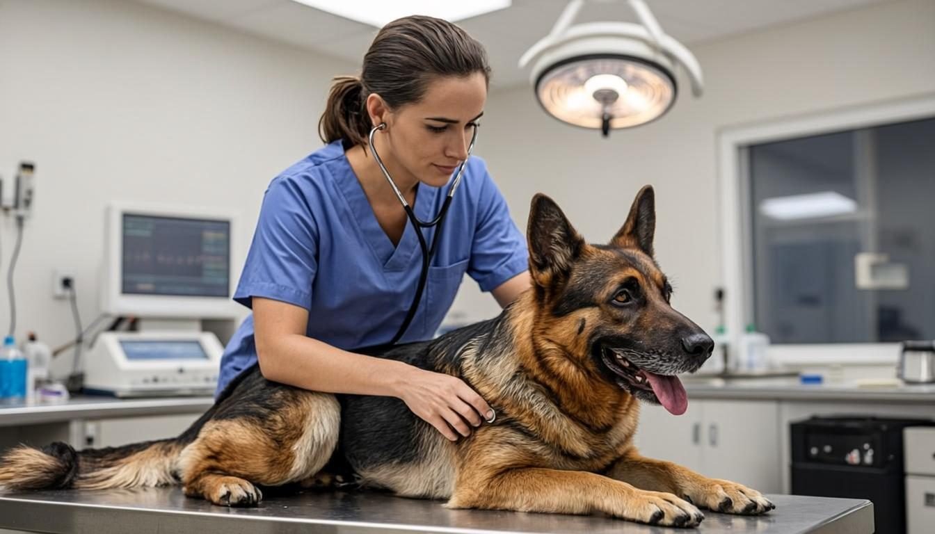 German Shepherd Health Problems Guide - veterinarian examining a German Shepherd on a clinic table
