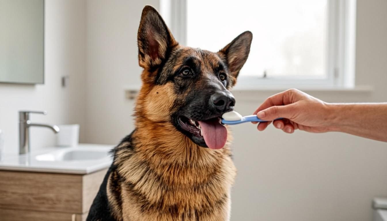 German Shepherd Health Problems Guide - owner brushing the teeth of a German Shepherd at home