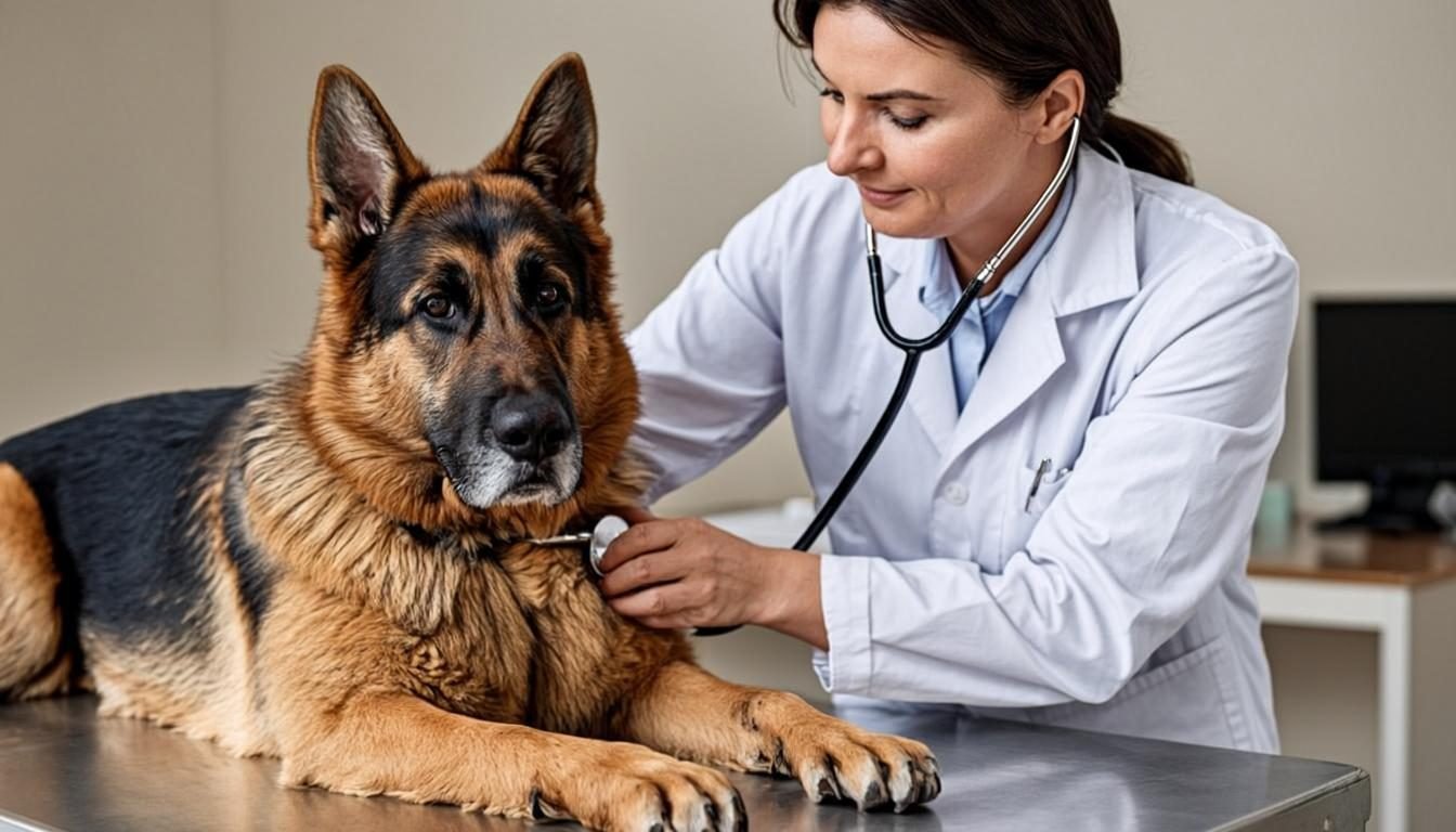 German Shepherd Lifespan: 9 Science-Backed Strategies to Help Your Dog Live Longer and Healthier 4 German Shepherd Lifespan - veterinarian examining a senior German Shepherd with grey muzzle
