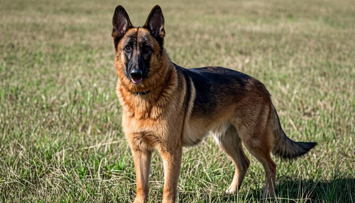 German Shepherd dog breed straight-backed working type standing on grass