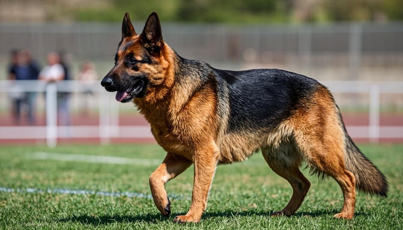 American show line German Shepherd with sloped topline trotting in a ring