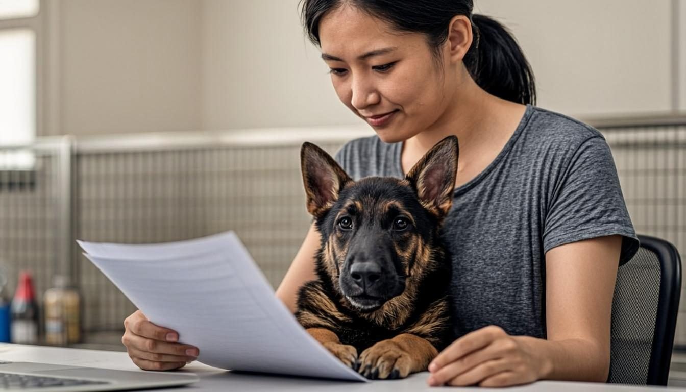 Breeder reviewing pedigree papers with a German Shepherd puppy