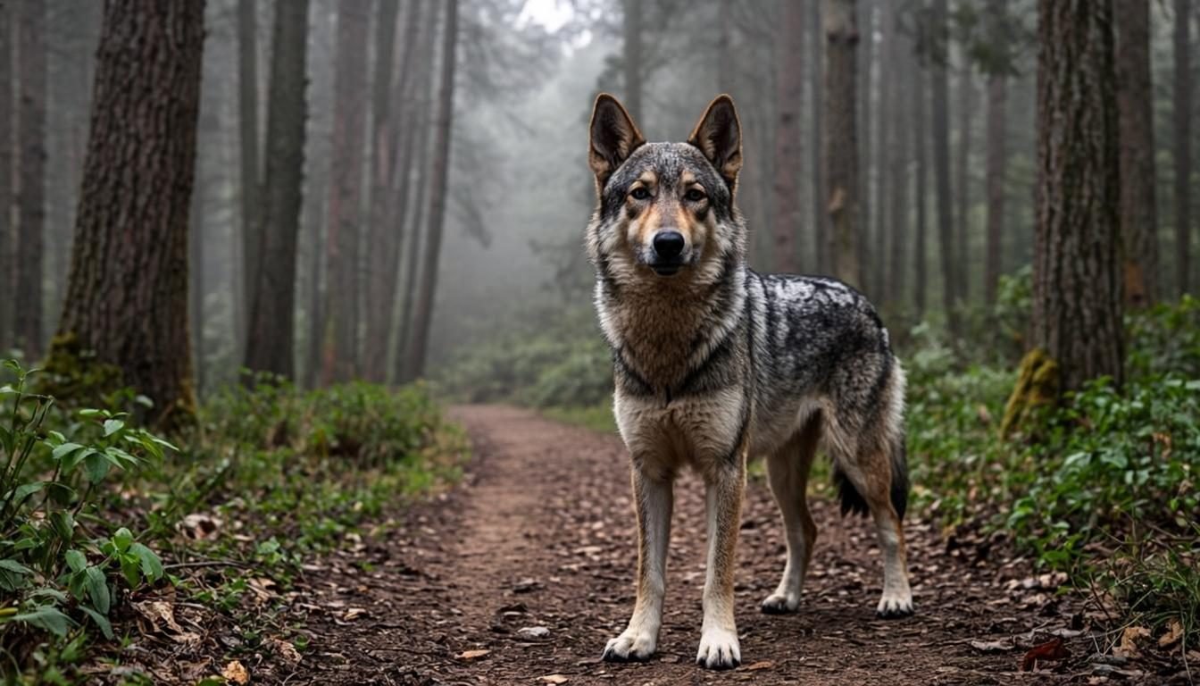 German Shepherd Look-Alike Breeds - Czechoslovakian Wolfdog standing on a forest path