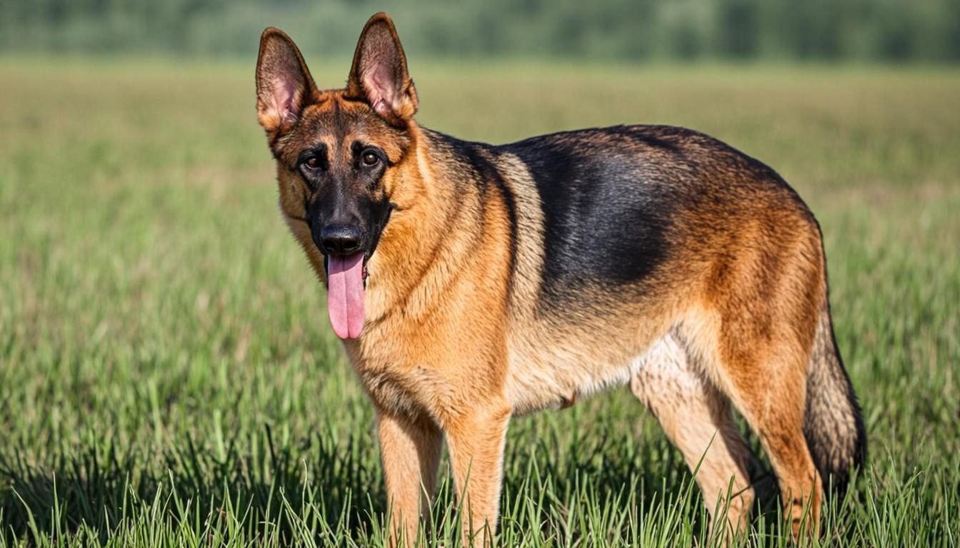 German Shepherd dog in a show stack on grass