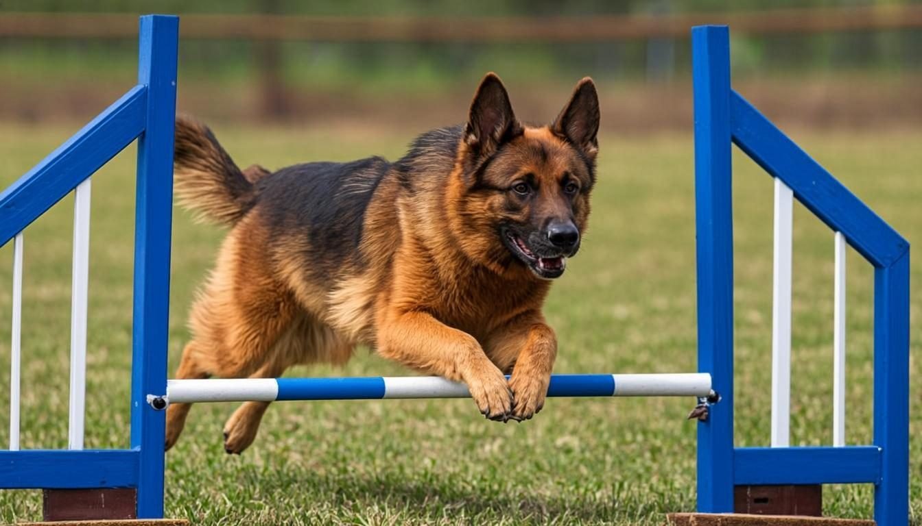 German Shepherd dog jumping an agility hurdle